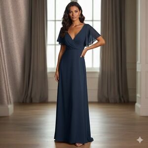 City Chic Maxi Sweet Wishes Navy Blue Flutter Sleeve V Neck Gown Dress XS
